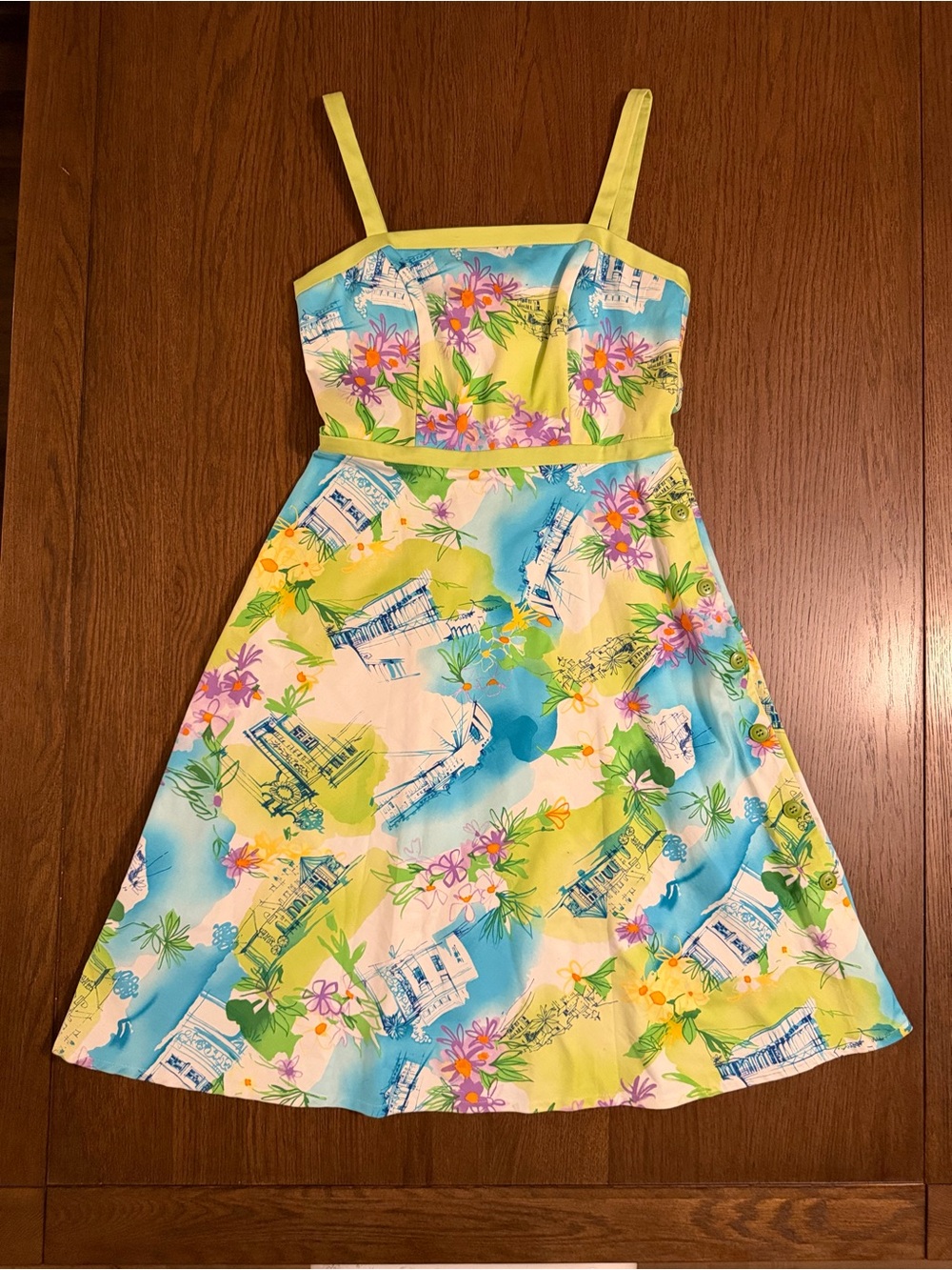 Vintage K Studio Petite Green & Blue Print Midi Sundress with Spaghetti Straps